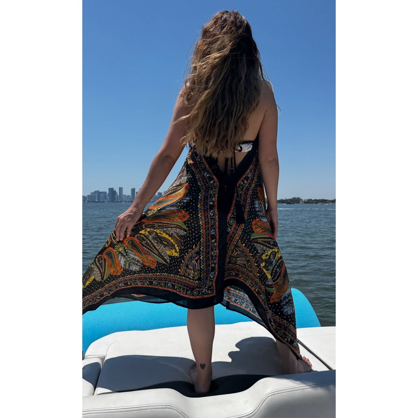 Short floral paisley scarf dress cover-up featuring an open back and deep V-neck