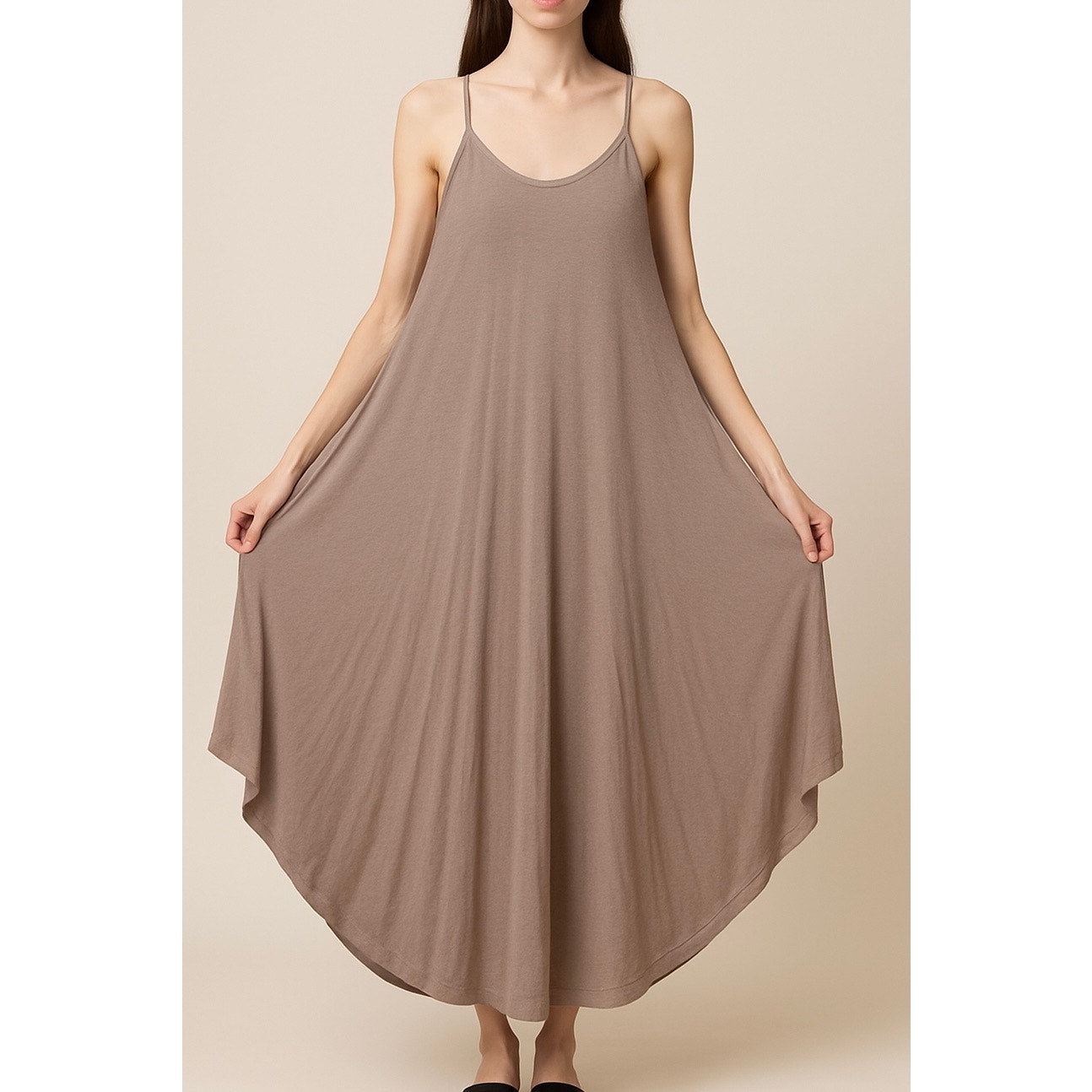 Taupe Flowy Maxi Dress – Spaghetti Strap – Boho/Resort Style