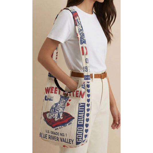 Sweet Kitten Flour Sack Purse Bag Cotton Tote Vintage Look Feed Sack Cross Body