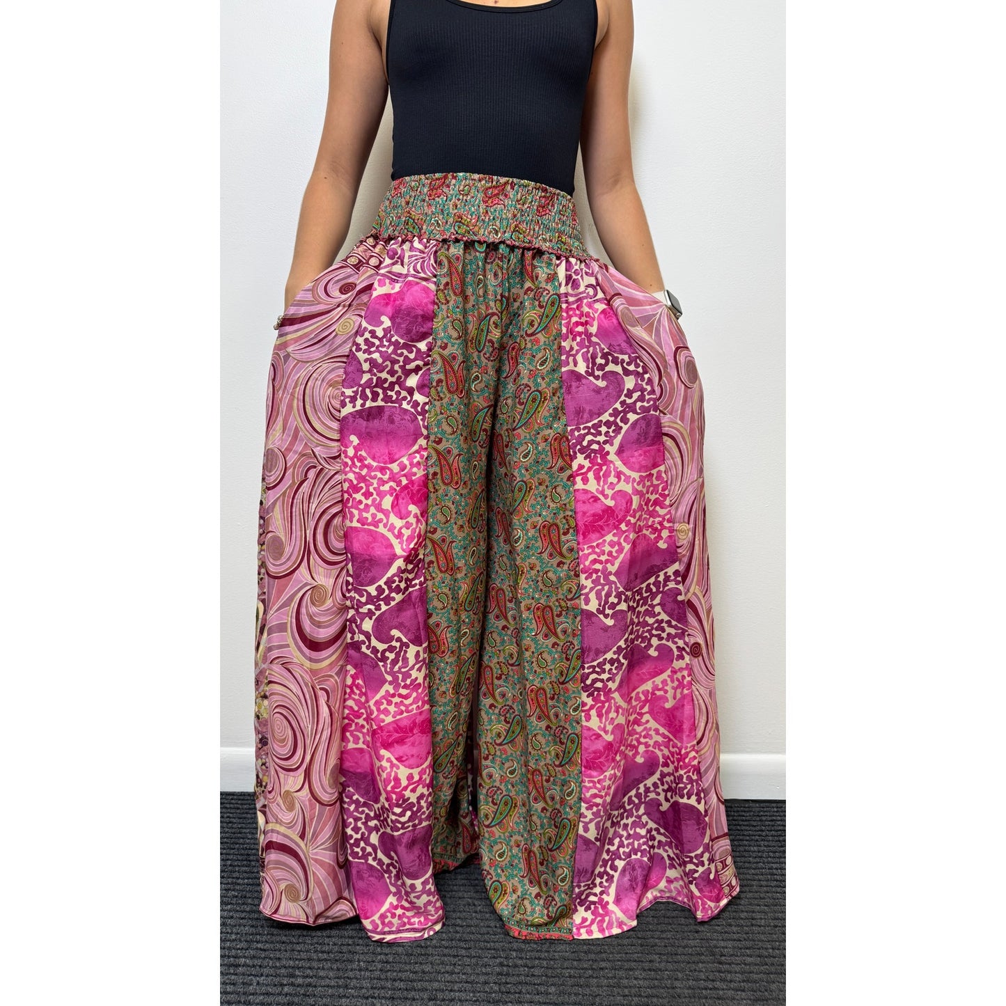 Mixed-print wide-leg trousers- One Size 100% Silk