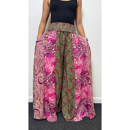 Mixed-print wide-leg trousers- One Size 100% Silk