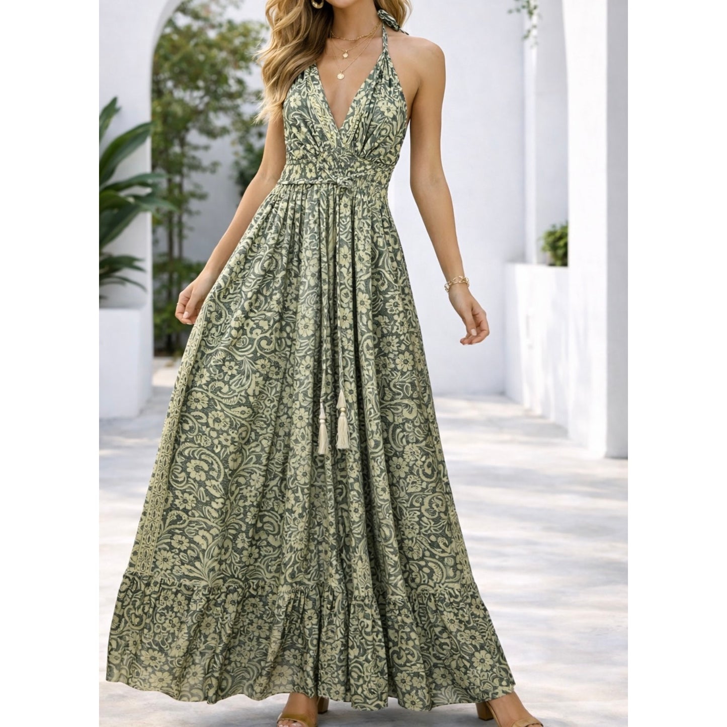 NWT 70% Silk 30% Polyester Yellow Maxi Dress Boho Halter
