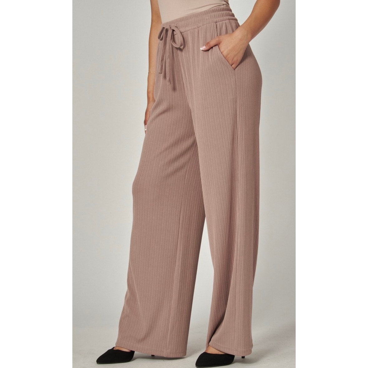 Ribbed High-rise Drawstring Wide Leg Pants
