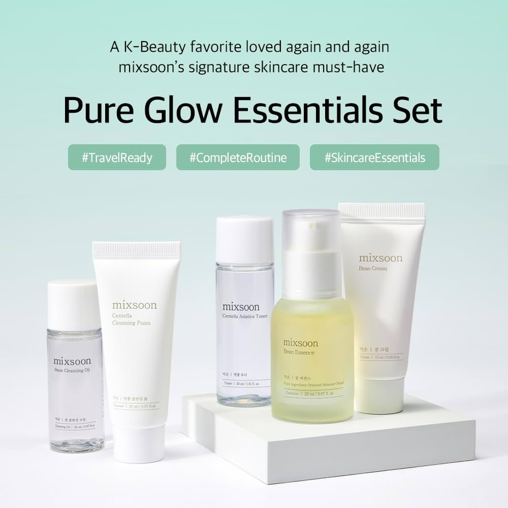 Mixsoon Pure Glow Essentials Set - 5-Step Skincare Kit - Travel kit, Travel size kit, Hydrating Skincare Gift Set (15ml*1+20ml*3+30ml*1) Korean Glass Skin Care
