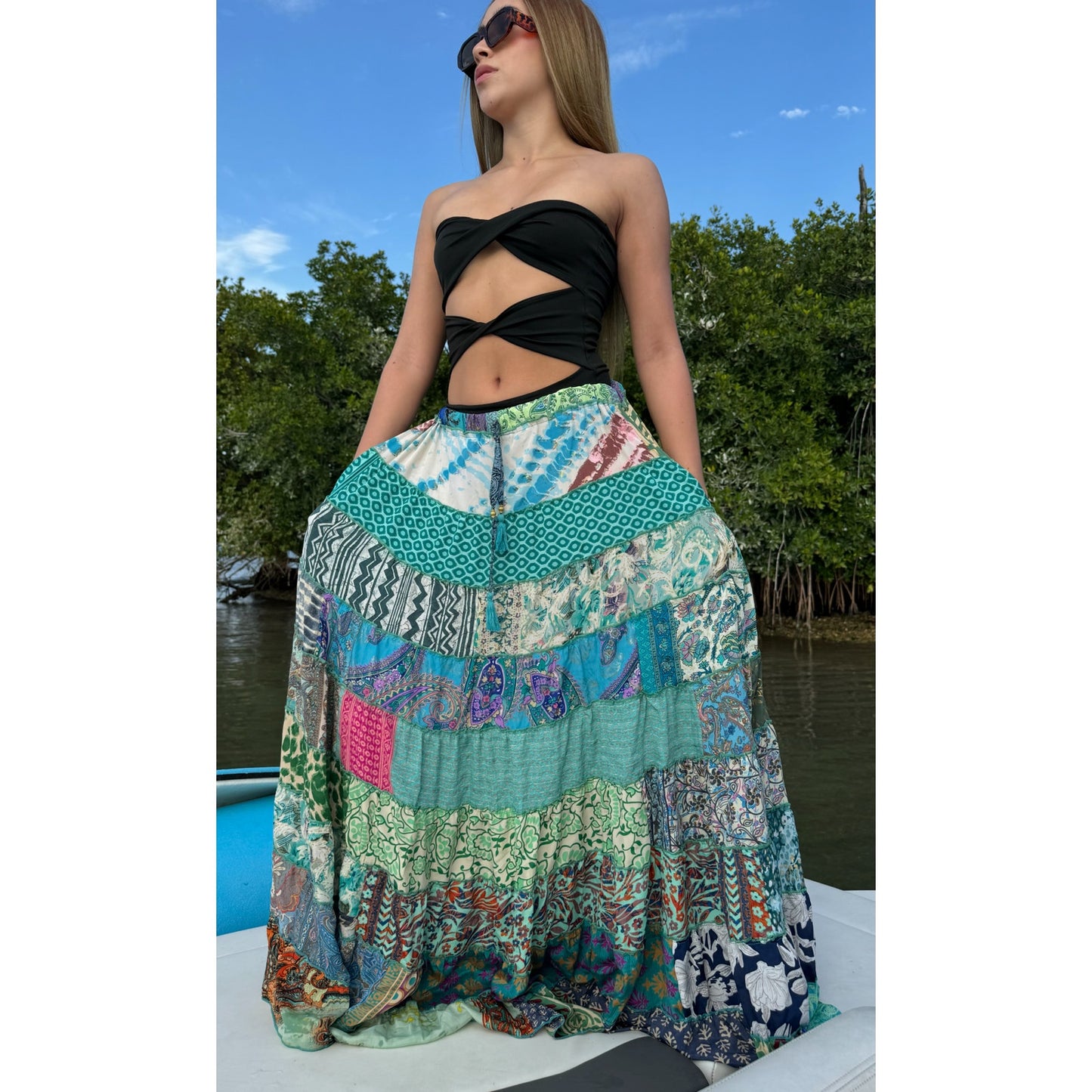 Mixed-Patchwork maxi skirt with pockets- One Size