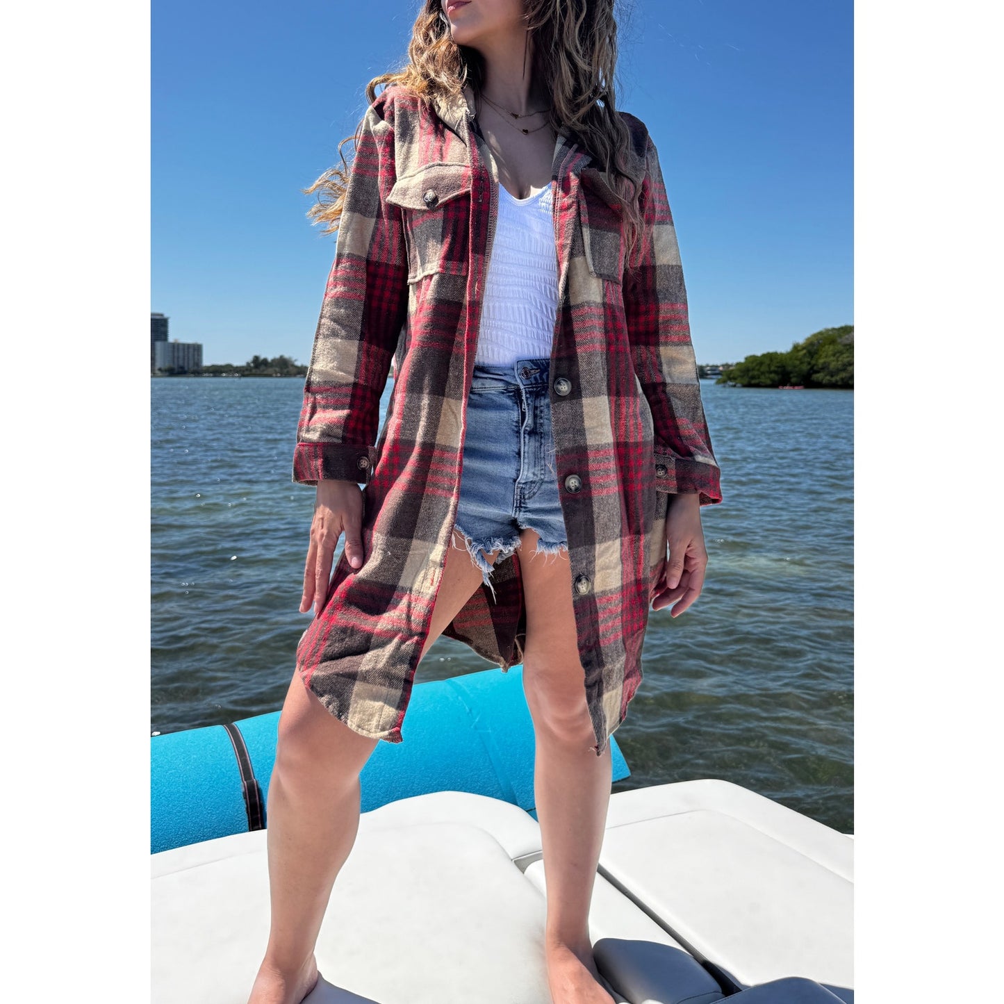 Hooded longline plaid flannel fleece shacket