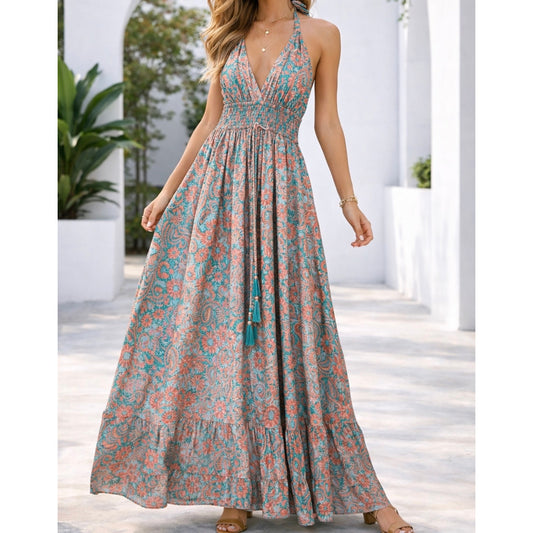 NWT 70% Silk 30% Polyester coral Maxi Dress Boho Halter