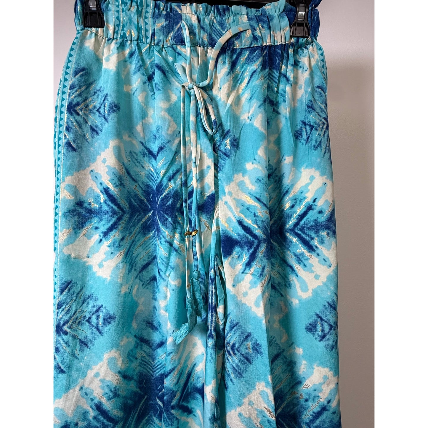 Aqua Tie-Dye Wide-Leg Resort Pants with Tassel Waist