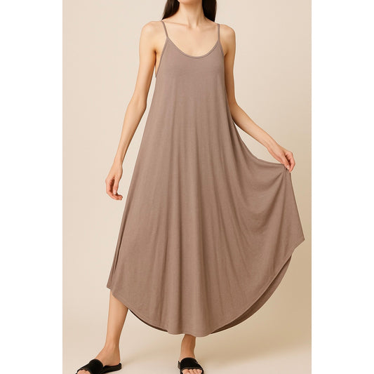 Taupe Flowy Maxi Dress – Spaghetti Strap – Boho/Resort Style