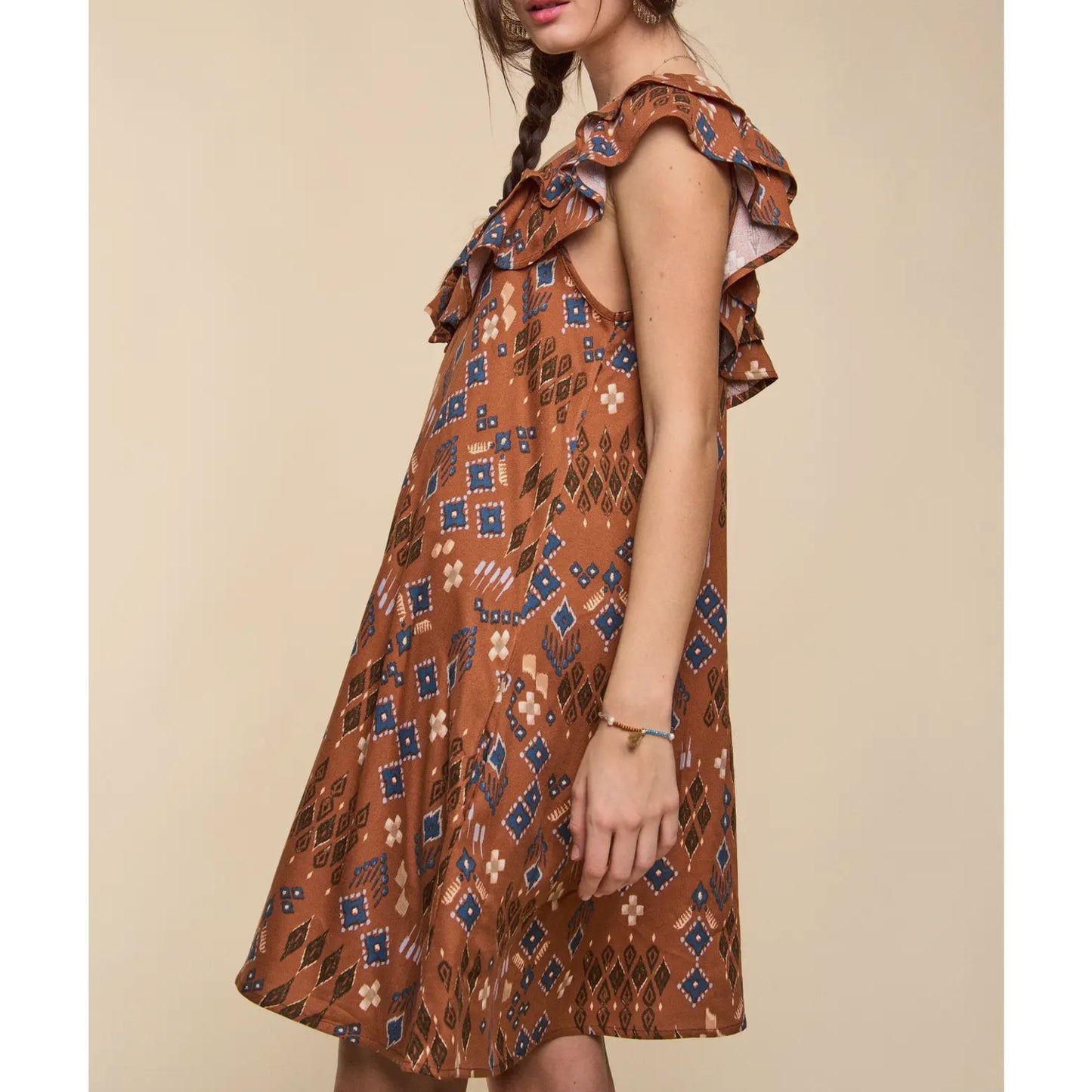 Ruffled shoulder Aztec print dress