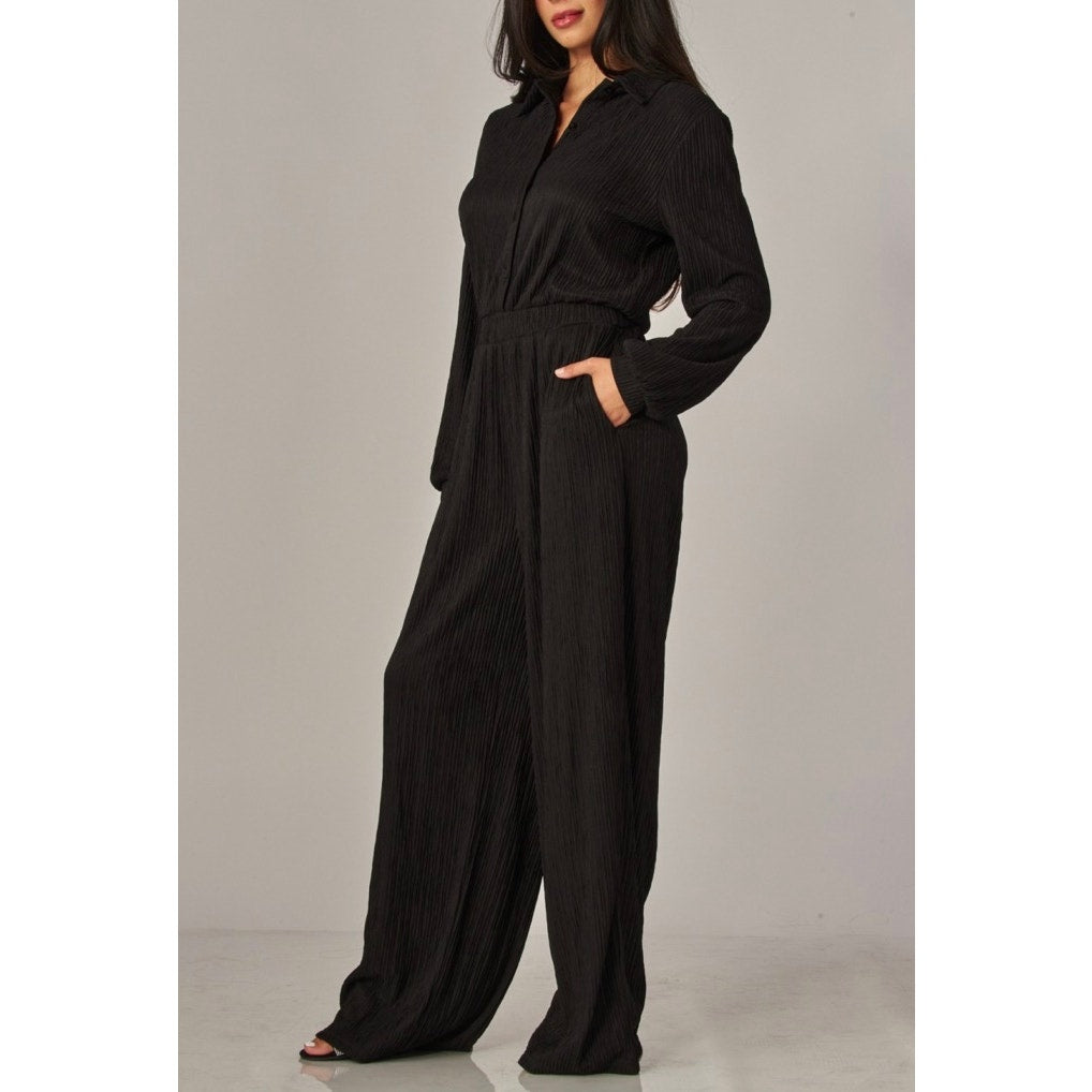 Crinkled Plisse Button Up Casual Jumpsuit