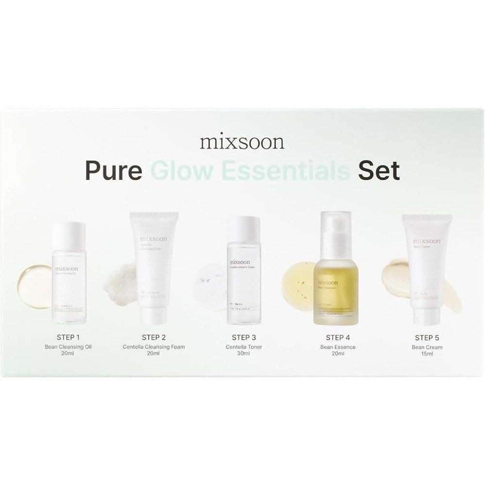 Mixsoon Pure Glow Essentials Set - 5-Step Skincare Kit - Travel kit, Travel size kit, Hydrating Skincare Gift Set (15ml*1+20ml*3+30ml*1) Korean Glass Skin Care