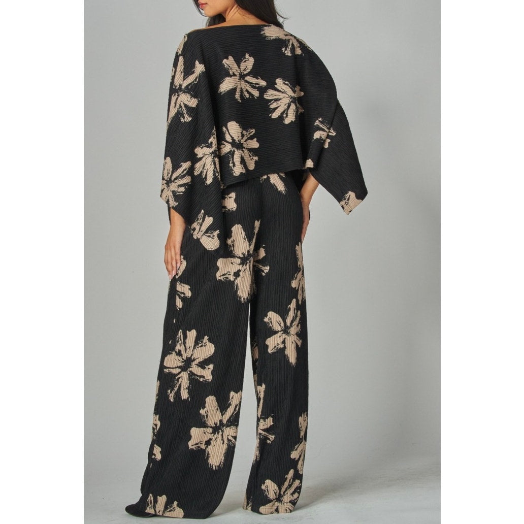 Print Crinkled Plisse Cape Kimono Luxury Pants Set