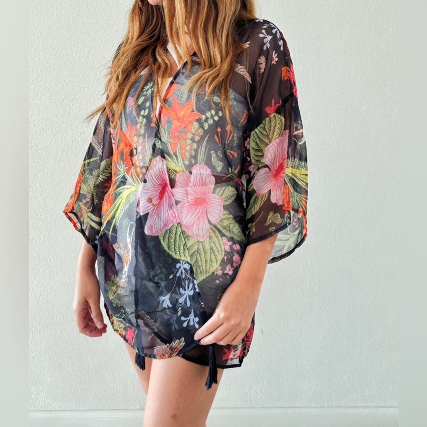 Bijoux Terner One size fits all floral beach cover-up with tassels