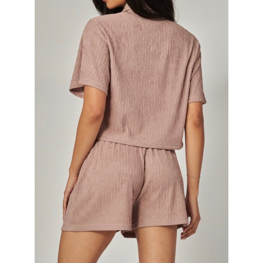 Crinkled Plisse Button Down Shirt Loungewear Shorts Set