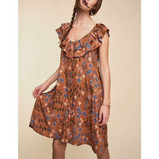 Ruffled shoulder Aztec print dress