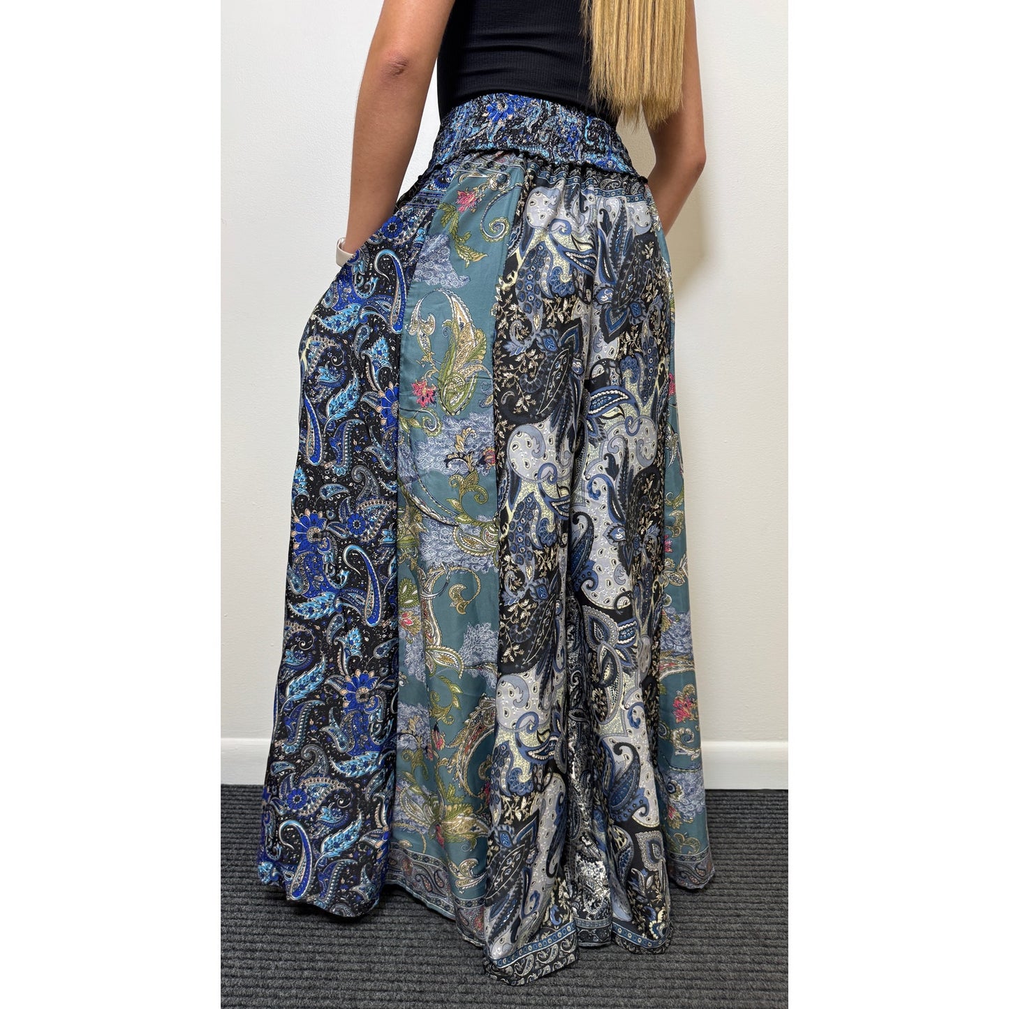 Mixed-print wide-leg trousers- One Size 100% Silk