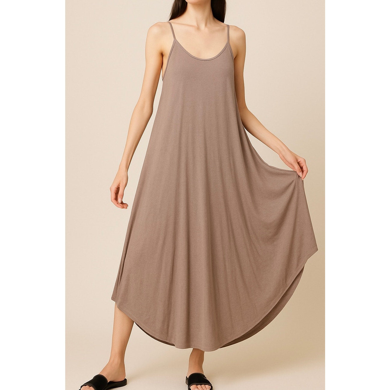 Taupe Flowy Maxi Dress – Spaghetti Strap – Boho/Resort Style