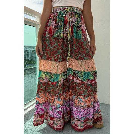 Mixed-print wide-leg trousers- One Size 100% Silk