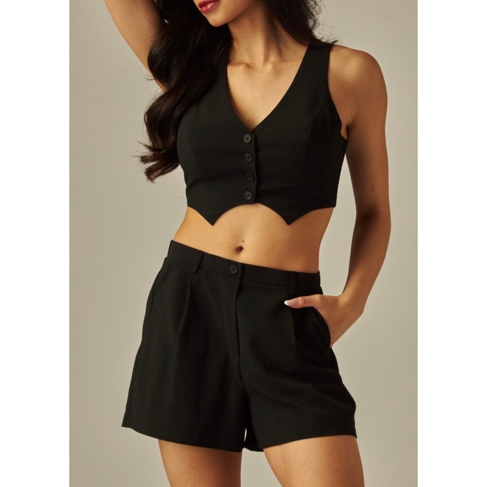 Textured Woven Vest With Pleated Short Set