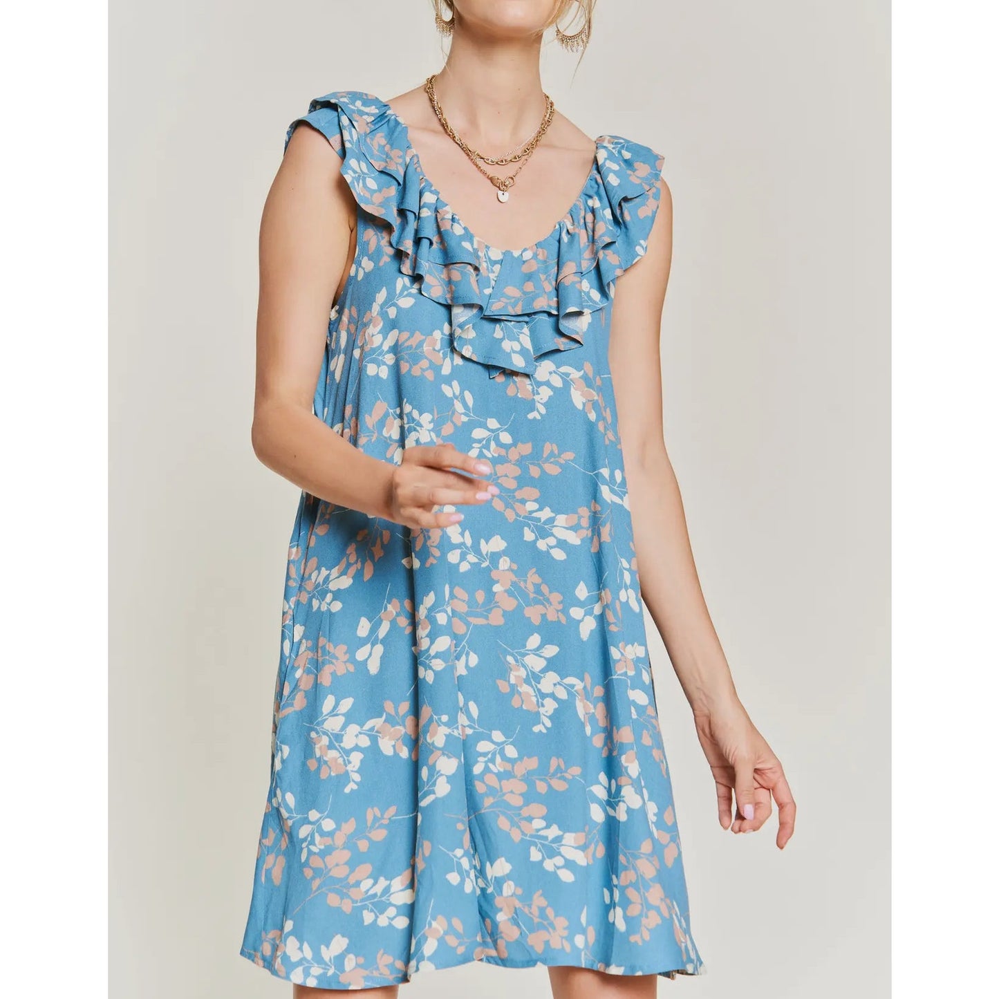 Floral print ruffle neck woven mini dress