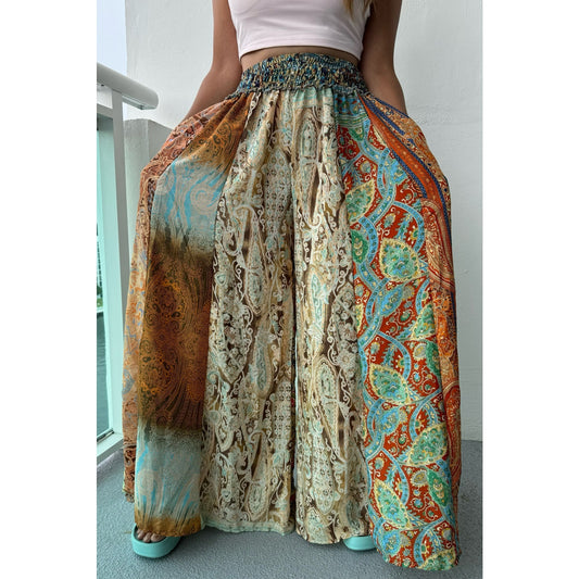 Mixed-print wide-leg trousers- One Size 100% Silk