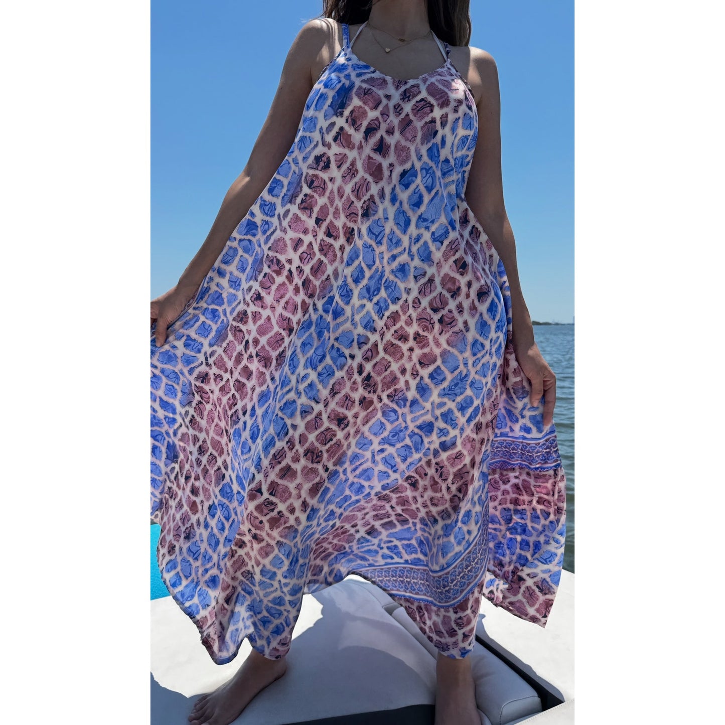 Short gold floral paisley scarf dress cover-up featuring an open back and deep V-neck