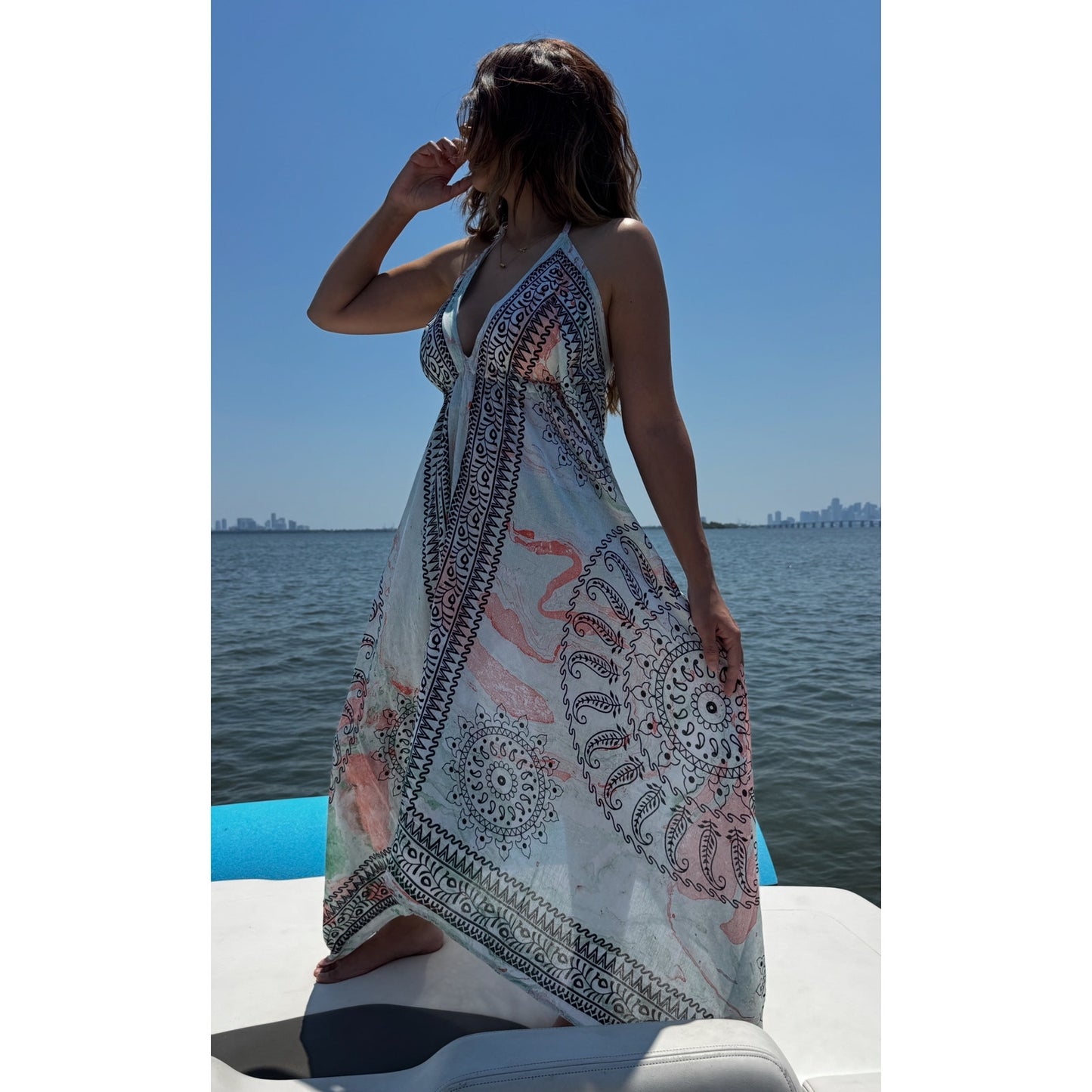 Short floral paisley scarf dress cover-up featuring an open back and deep V-neck