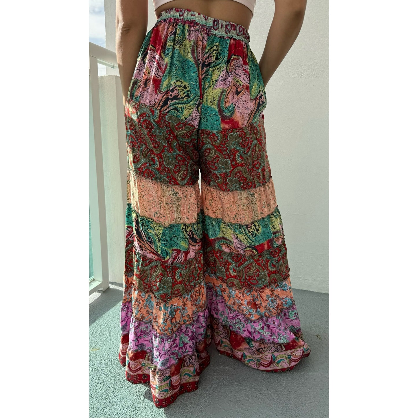 Mixed-print wide-leg trousers- One Size 100% Silk