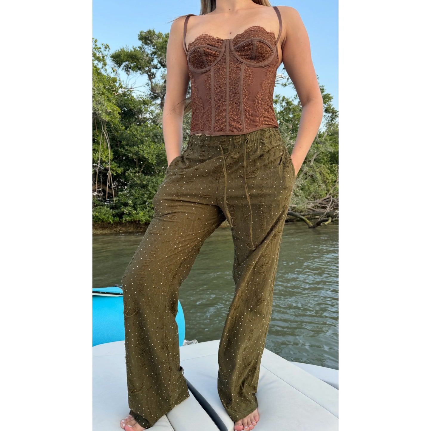 Rhinestone drawstring lounge pants