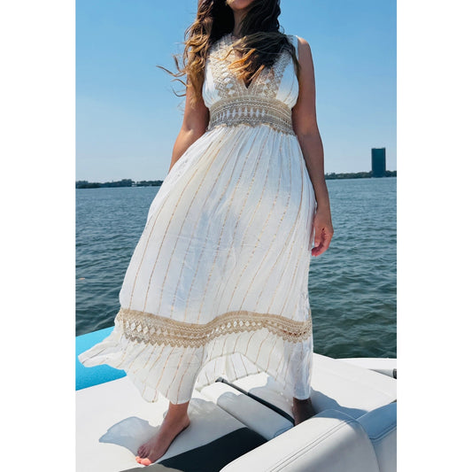 Elegant Long White Dress with Gold Accents and Braided Rope Detailing