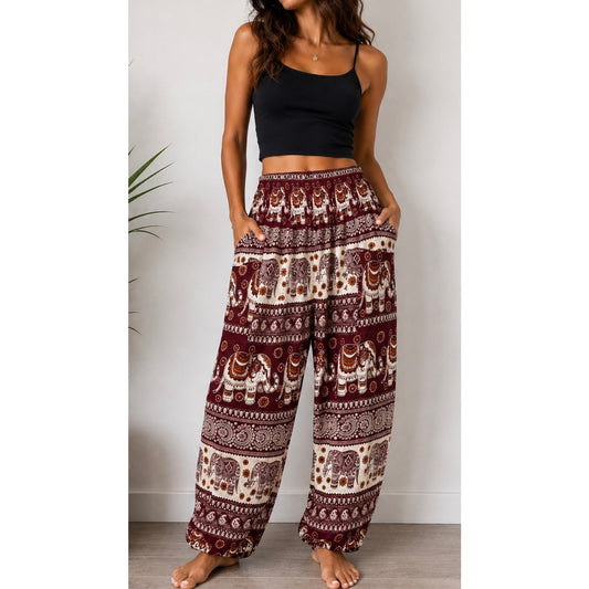 Wine Elephant Print Harem Pants
