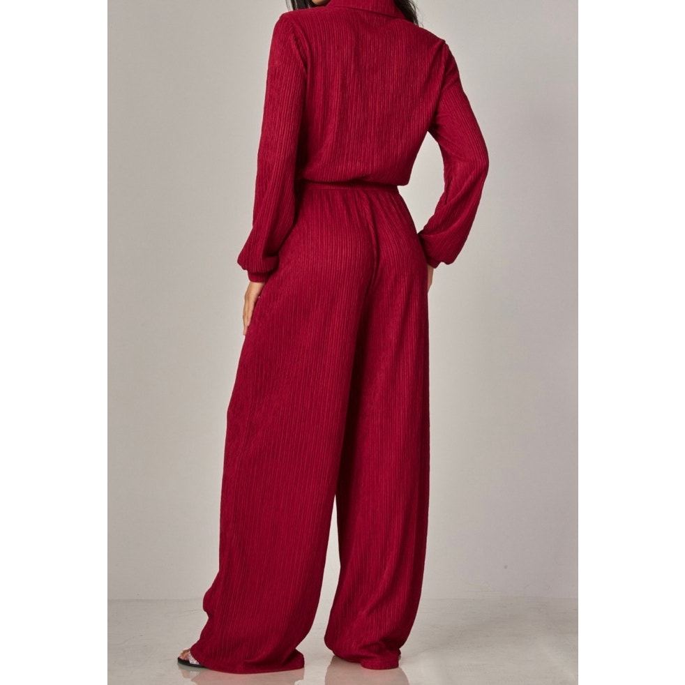 Crinkled Plisse Button Up Casual Jumpsuit