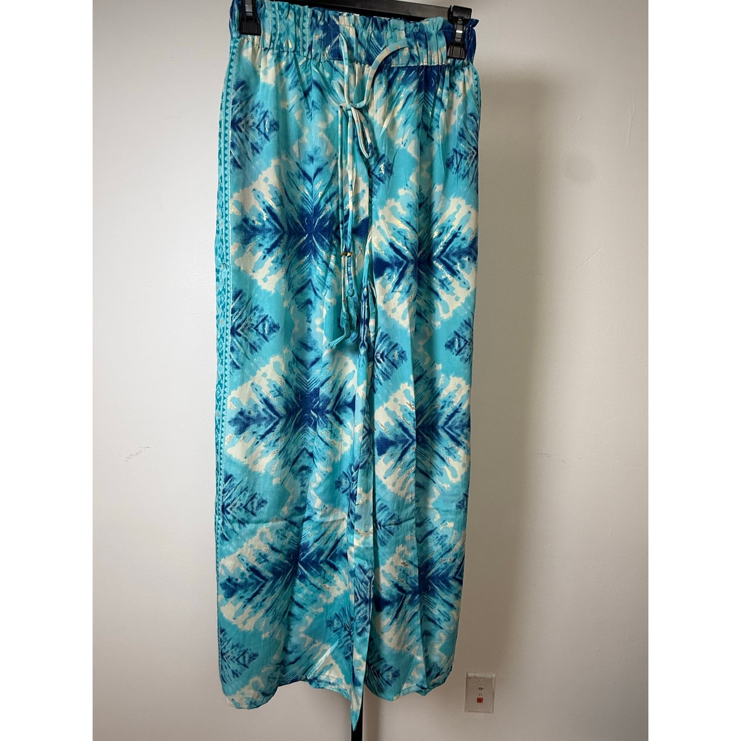 Aqua Tie-Dye Wide-Leg Resort Pants with Tassel Waist