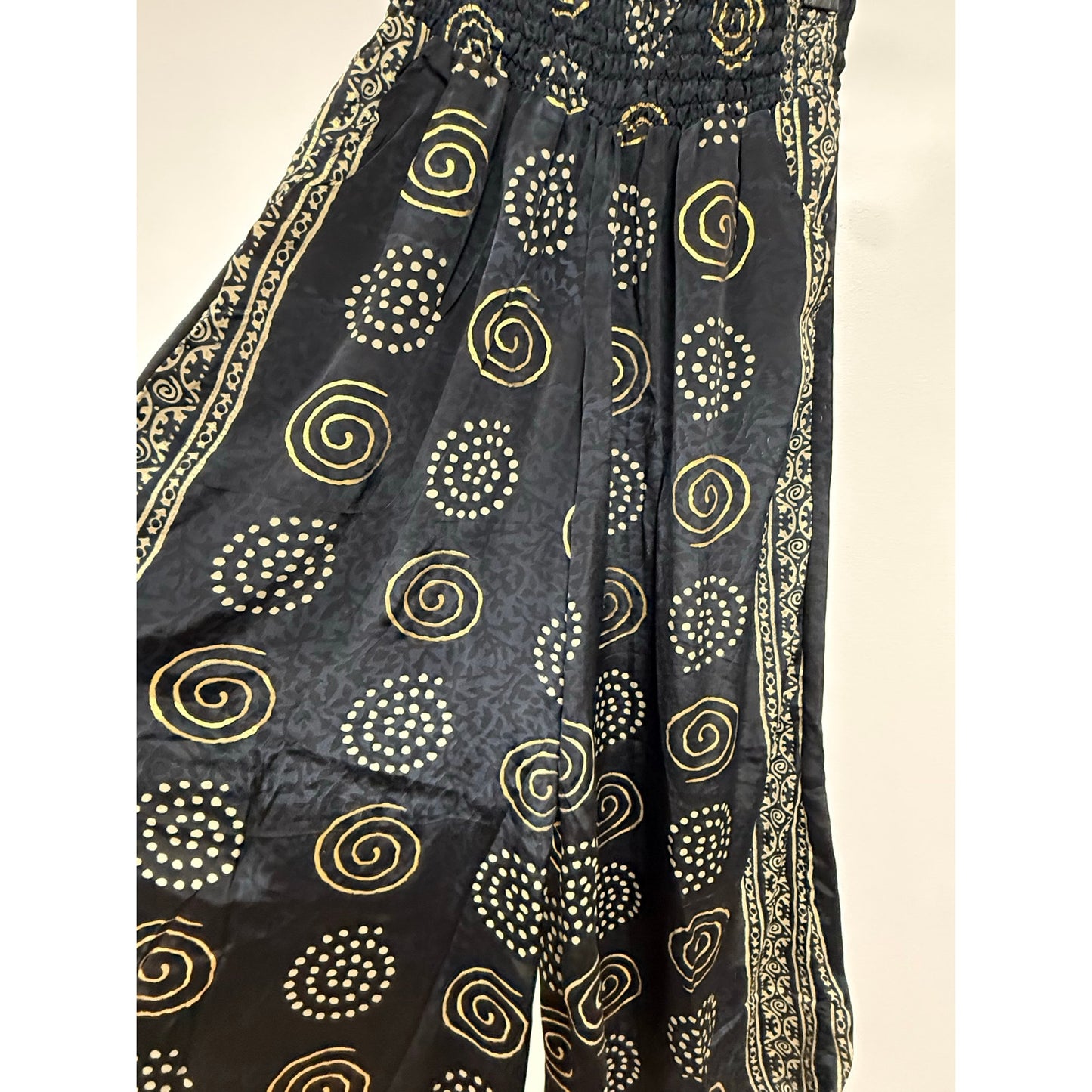 Black & Gold Boho Wide-Leg Resort Pants with Tassel Waist