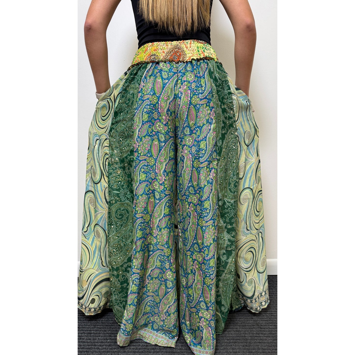 Mixed-print wide-leg trousers- One Size 100% Silk