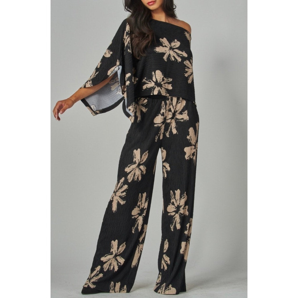 Print Crinkled Plisse Cape Kimono Luxury Pants Set