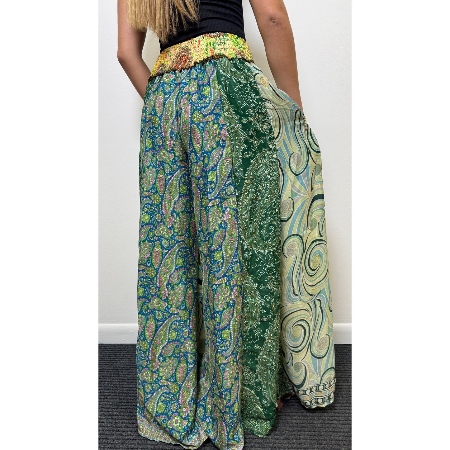 Mixed-print wide-leg trousers- One Size 100% Silk