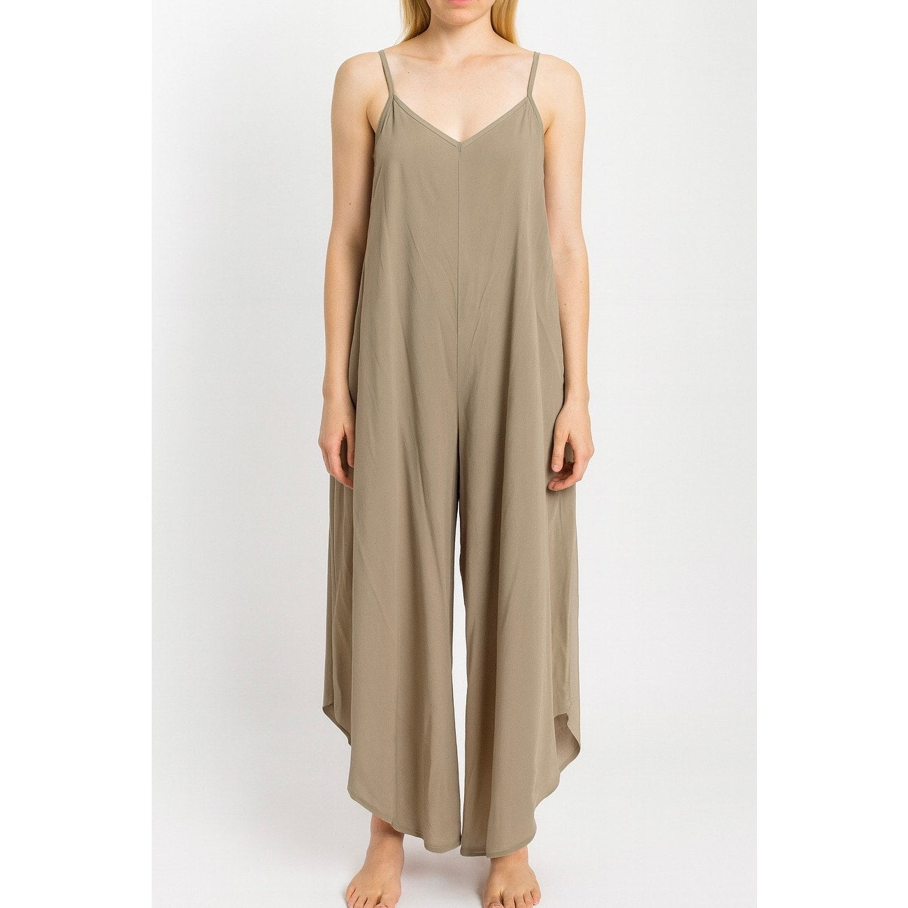 WASHED WOVEN SLOUCHY FITTED JUMPSUIT WITH CAMI STRAP. MADE IN USA