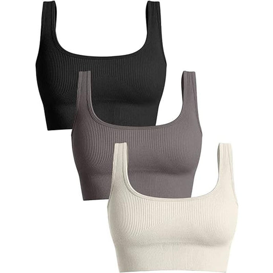 OQQ Women's 3 Piece Medium Support Tank Top Ribbed Seamless Workout Sport Bra