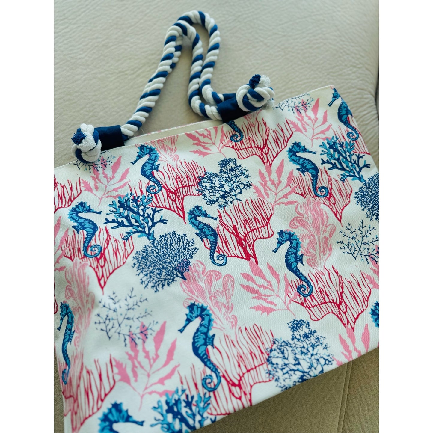 Beach Bag Tote, Ocean Seahorse Coral Beach Bags Waterproof Large Pool Bag Shoulder Travel Tote Bags With Zipper