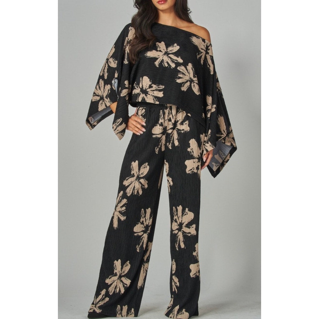 Print Crinkled Plisse Cape Kimono Luxury Pants Set