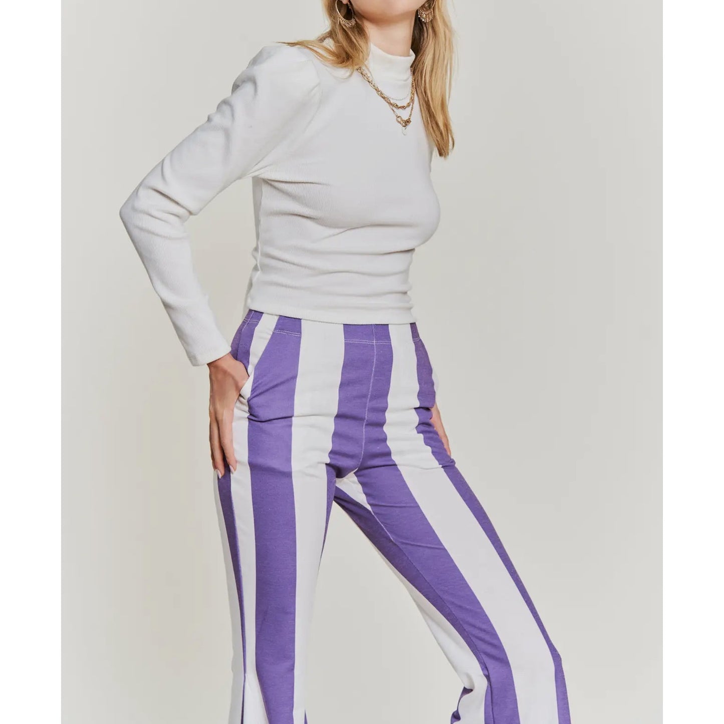 Striped elastic waist band flare pants