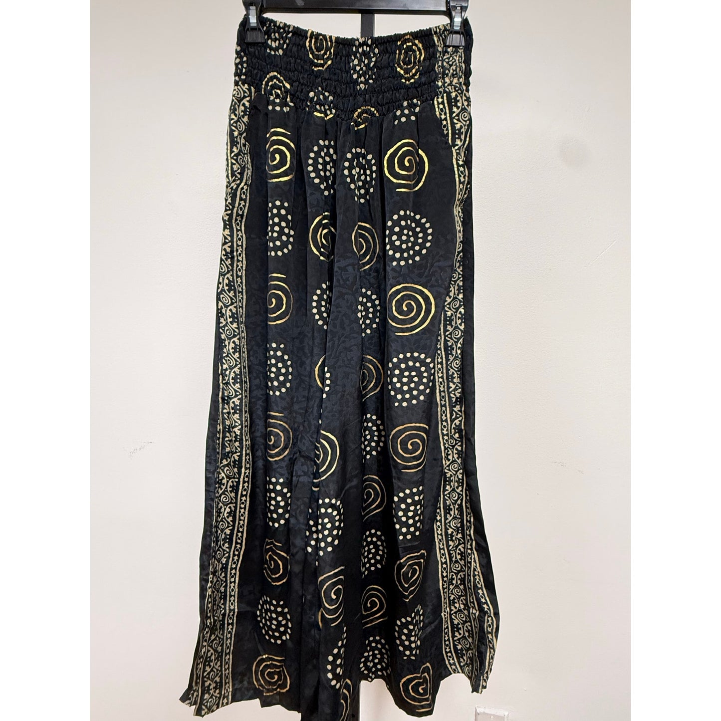 Black & Gold Boho Wide-Leg Resort Pants with Tassel Waist