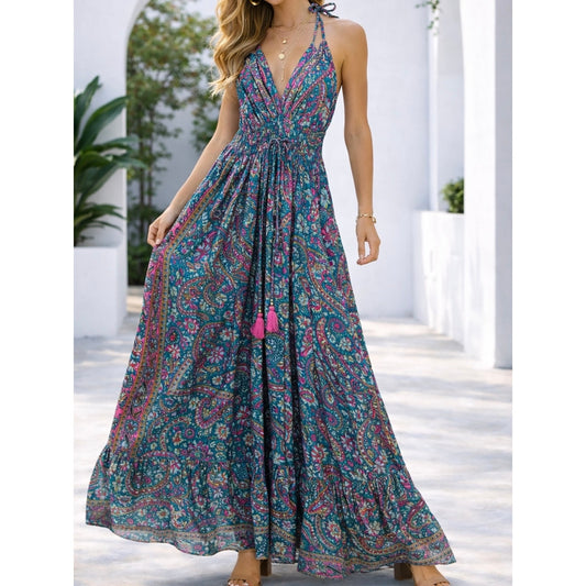 NWT 100% Viscose Blue Paisley Maxi Dress Boho Halter