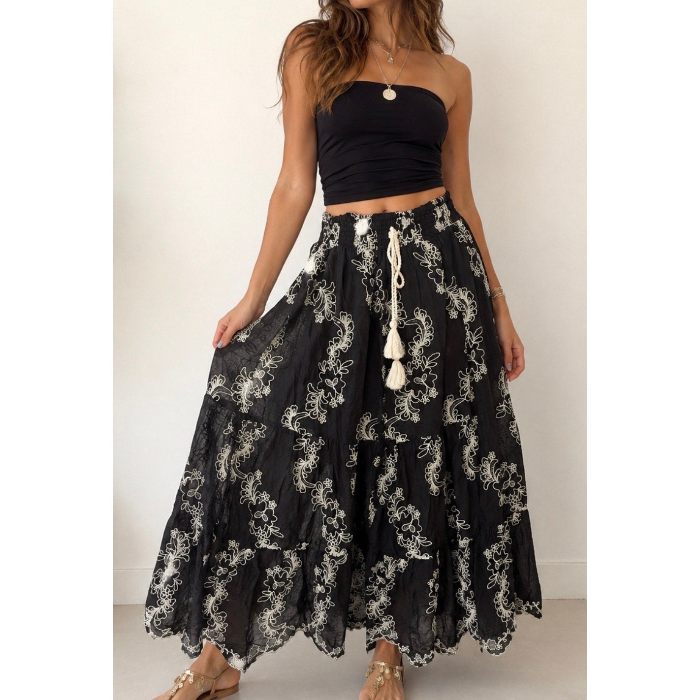 POL Embroidered Boho Maxi Skirt