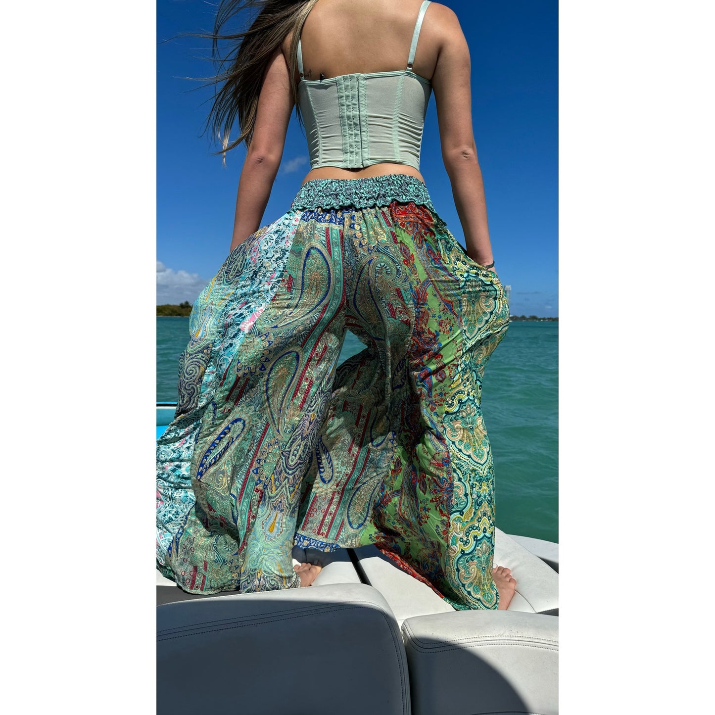 Mixed-print wide-leg trousers- One Size