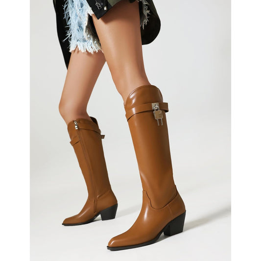 Women's Chunky heel Knee High Boots Cowboy Side