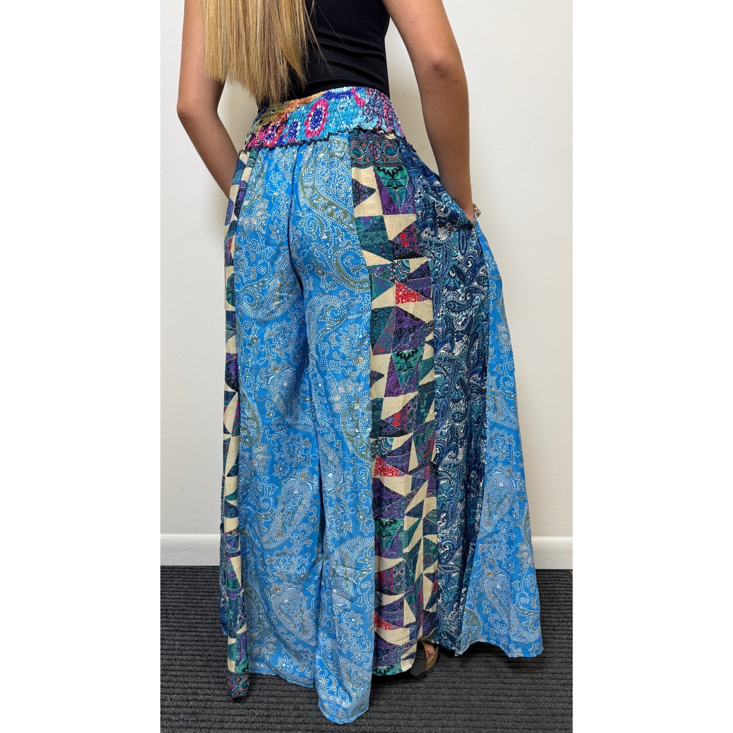 Mixed-print wide-leg trousers- One Size 100% Silk
