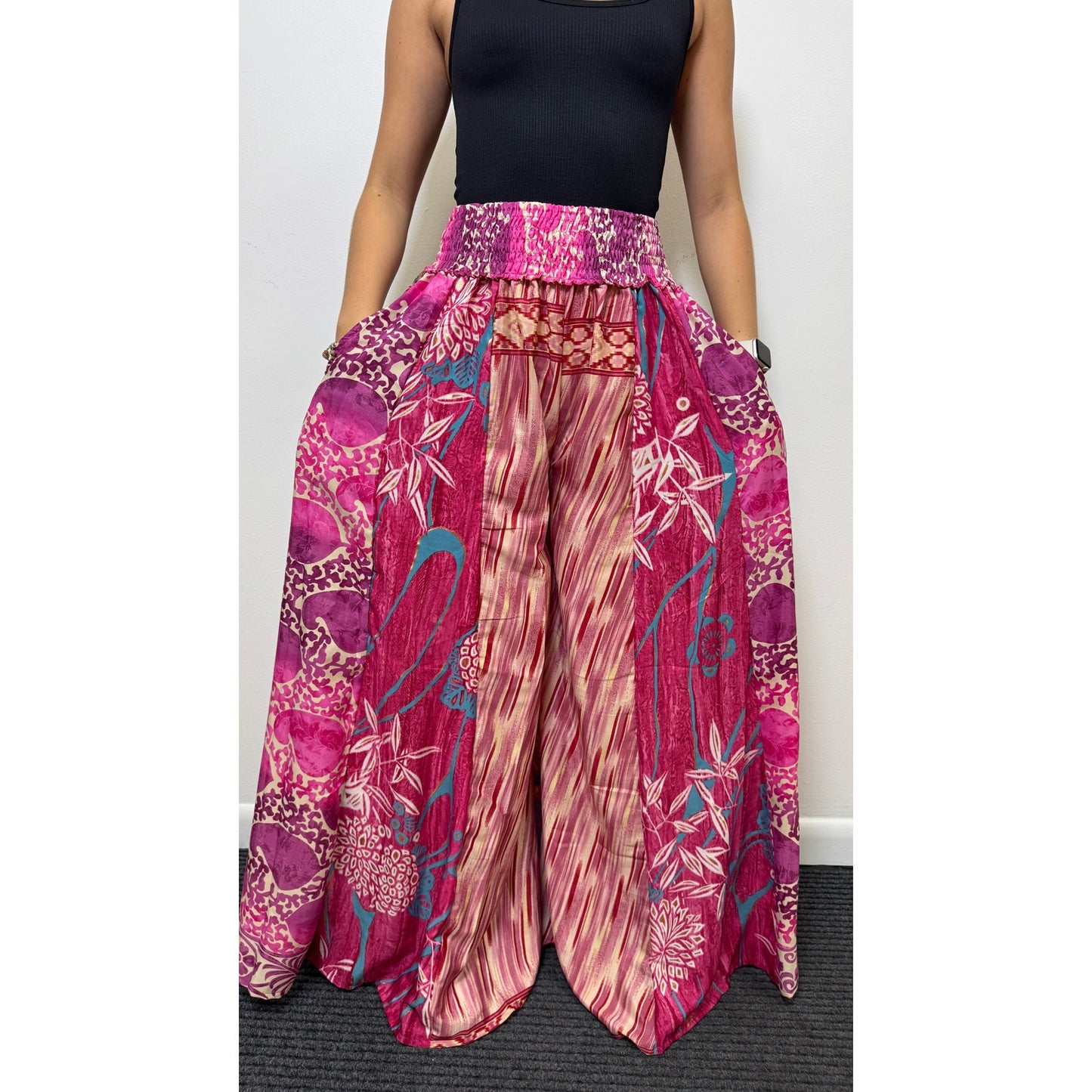 Mixed-print wide-leg trousers- One Size 100% Silk